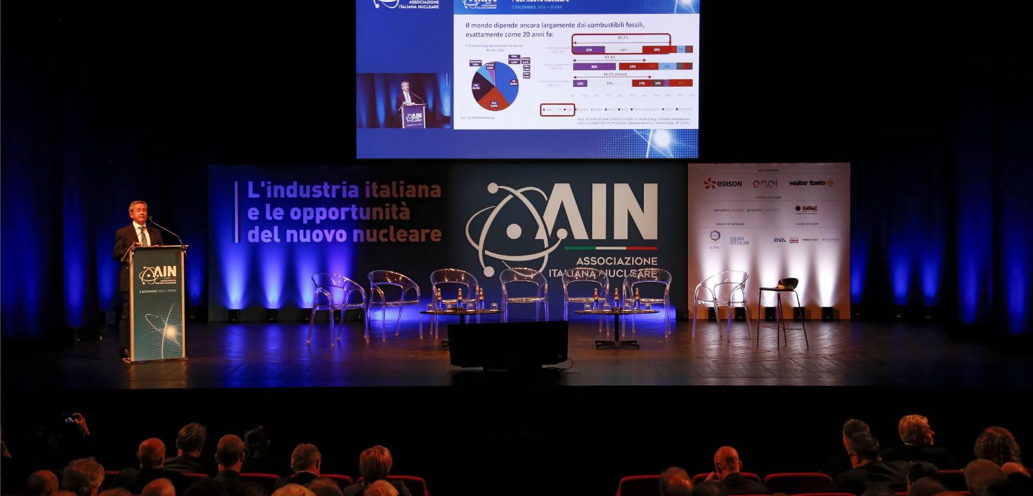 Una vista grandangolare di un auditorium mostra un relatore che parla da un leggio trasparente sul lato sinistro di un ampio palco. Dietro di lui, un gigantesco schermo di proiezione mostra una diapositiva complessa con grafici a torta, istogrammi e testo, inclusa una piccola immagine del relatore stesso, probabilmente una citazione o una ripresa dal vivo. Al centro del palco, un grande pannello orizzontale mostra il logo 'AIN' e il titolo dell'evento: 'L'industria italiana e le opportunità del nuovo nucleare'. A destra, un'area del palco è allestita con sedie trasparenti e tavolini per un panel, e ulteriori schermi o banner verticali espongono i loghi degli sponsor. In primo piano, le teste di numerosi membri del pubblico sono visibili di spalle, seduti nelle poltrone rosse dell'auditorium, intenti ad ascoltare la presentazione.